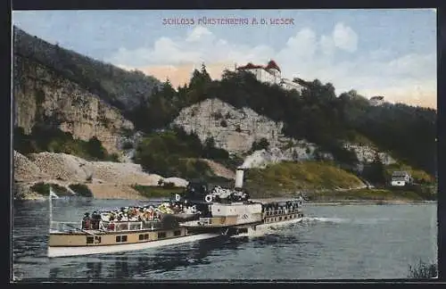 AK Fürstenberg a. d. Weser, Dampfschiff auf der Weser mit Blick auf das Schloss