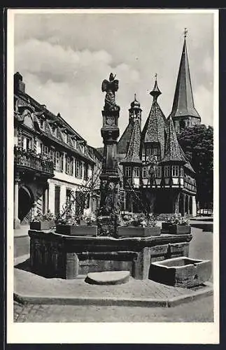 AK Michelstadt /Odenwald, Michelsbrunnen mit Rathaus