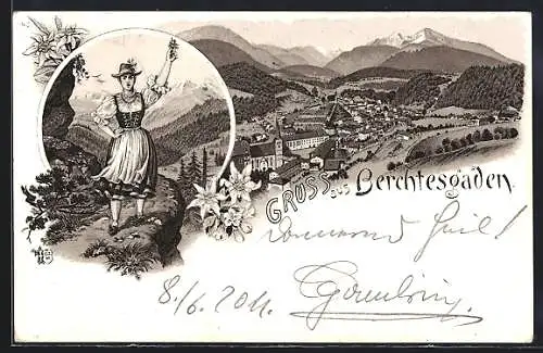 Lithographie Berchtesgaden, Gesamtansicht mit Gebirge, Frau in Tracht