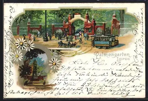 Lithographie Leipzig, Palmengarten mit Strassenbahn, Carl Heine-Denkmal