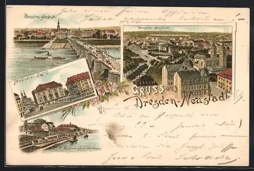 Lithographie Dresden-Neustadt, Neustädter-Markt, Italienisches Dörfchen, Brücke