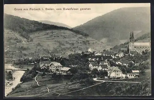 AK Forbach /Baden, Ortsansicht mit Brücke vom Eulenfelsen aus