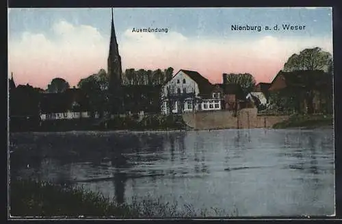 AK Nienburg a. d. Weser, Auemündung, Blick zur Kirche