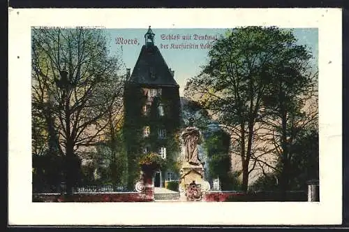 AK Moers, Schloss mit Denkmal der Kurfürstin Louise