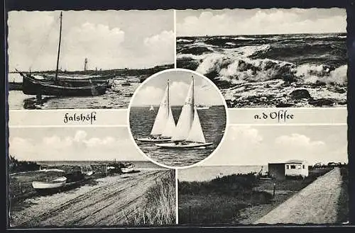 AK Falshöft a. d. Ostsee, Strand mit Leuchtturm, Segelboote, Ortspartie