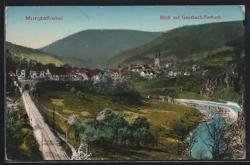 AK Gausbach-Forbach, Murgtalbahn, Teilansicht mit Kirche