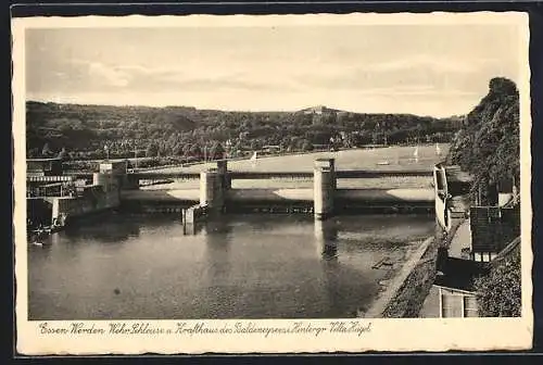 AK Essen-Werden, Wehr, Schleuse und Krafthaus des Baldeneysees, i.Hintergr. Villa Hügel