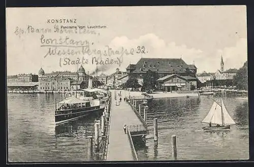 AK Konstanz, Panorama vom Leuchtturm mit Dampfer