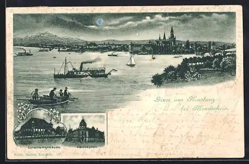 Künstler-AK Konstanz a. Bodensee, Consiliumsgebäude, Reichspost, Ortsansicht bei Vollmond