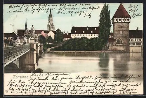 AK Konstanz, Uferpartie mit Brücke