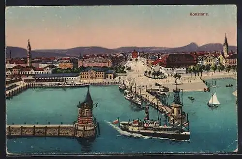 AK Konstanz, Hafeneinfahrt mit Dampfer