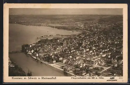 AK Konstanz, Teilansicht mit Schweiz und Rheinausfluss, Fliegeraufnahme