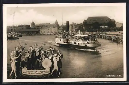 AK Konstanz, Froschkonzert am Bodensee, Dampfer fährt zur Landungsstelle