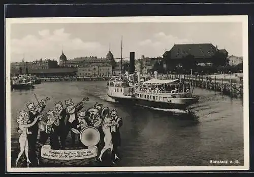 AK Konstanz a. B., Froschorchester mit tanzenden Froschpaaren vor Stadtkulisse