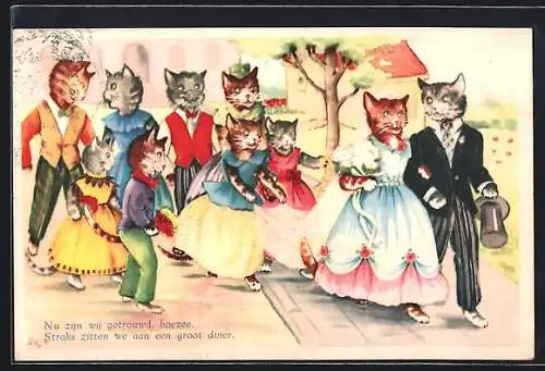 AK Katzen-Hochzeitspaar mit Katzengesellschaft nach der Trauung