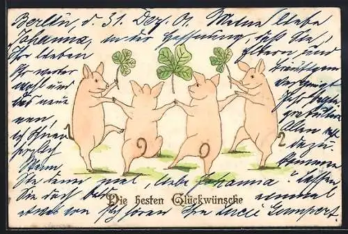 Präge-Lithographie Drei Schweine mit Glücksklee beim Reigentanz