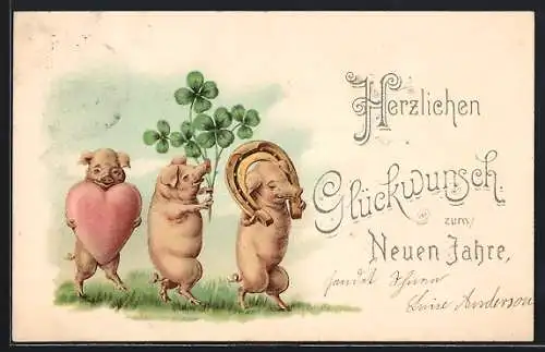 Lithographie Drei fröhliche Schweine mit Herz, Glücksklee und Hufeisen, Neujahrsgruss