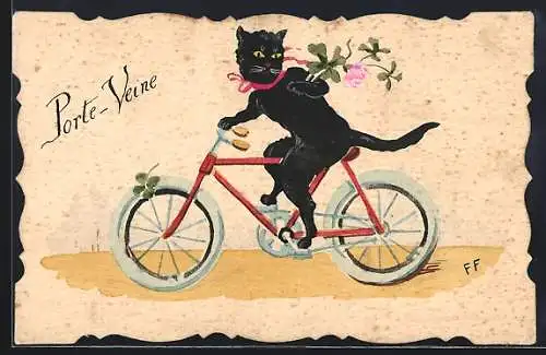 AK Porte-Veine, Kater mit Blumenstrauss beim Fahrradfahren, Velo Fahrrad Bicycle Bike