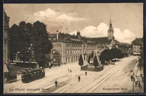 AK Bern, Burgerspital, Strassenbahn