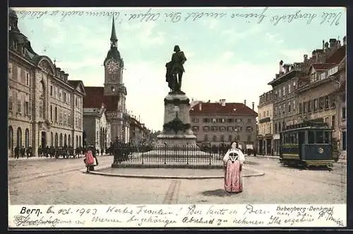 AK Bern, Bubenberg-Denkmal mit Strassenbahn