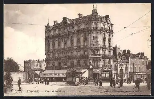 AK Limoges, Central Hôtel, Strassenbahn