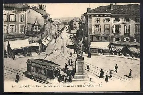 AK Limoges, Place Denis-Dussoubs et Avenue de Champ de Juillet, Strassenbahn