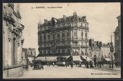 AK Limoges, Le Central-Hôtel, Strassenbahn