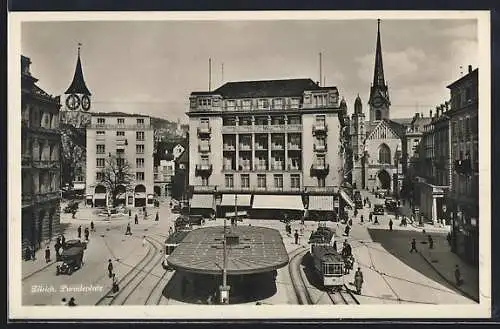 AK Zürich, Strassenbahnverkehr auf dem Paradeplatz