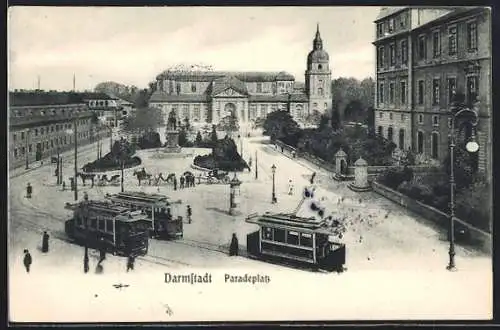 AK Darmstadt, Paradeplatz mit Strassenbahn