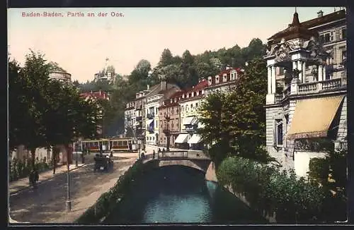 AK Baden-Baden, Strassenbahn, Partie an der Oos