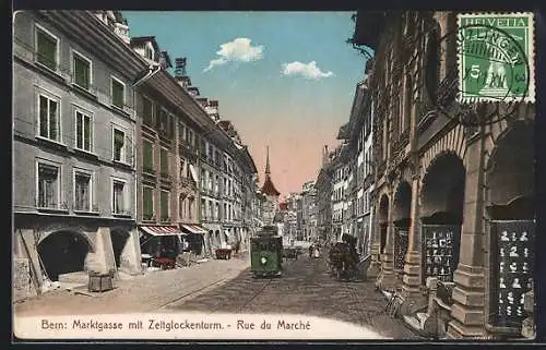 AK Bern, Marktgasse mit Zeitglockenturm und Strassenbahn