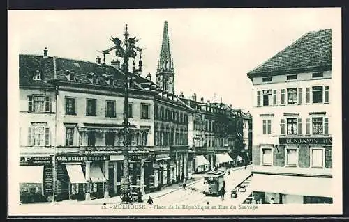 AK Mulhouse, Place de la Republique et Rue du Sauvage, Strassenbahn