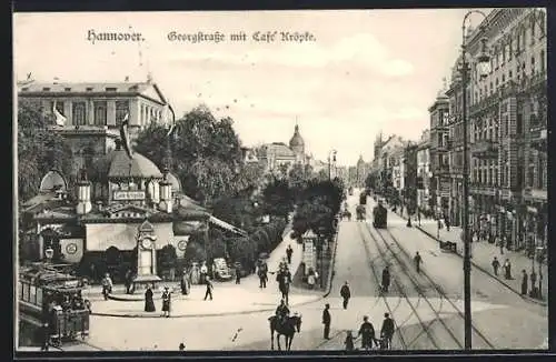 AK Hannover, Georgstrasse mit Café Kröpcke und Strassenbahnen