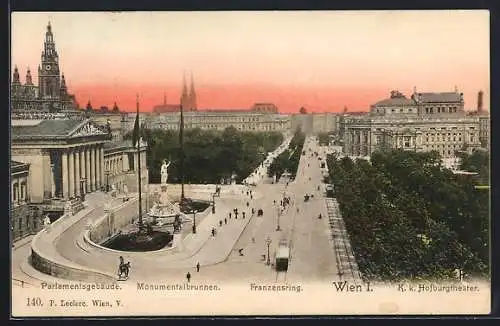 AK Wien, Parlamentsgebäude, K. k. Hofburgtheater und Monumentalbrunnen am Franzensring mit Strassenbahn