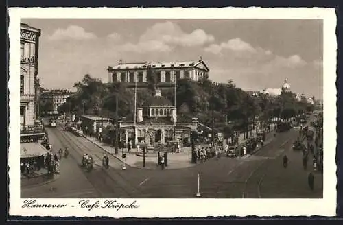 AK Hannover, Blick auf das Café-Kröpke, Strassenbahn