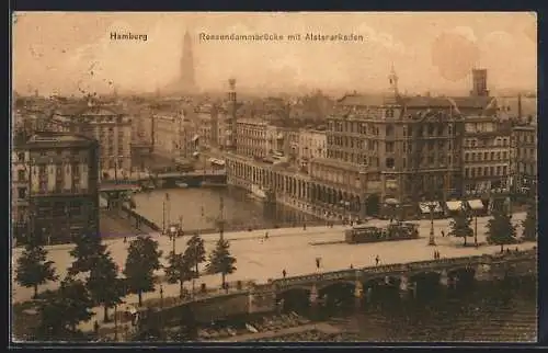 AK Hamburg, Reesendammbrücke mit Alsterarkaden und Strassenbahn