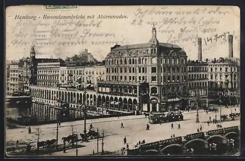 AK Hamburg, Strassenbahn auf der Reesendammbrücke mit Alsterarcaden