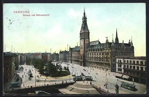 AK Hamburg, Rathaus und Rathausmarkt, Strassenbahn