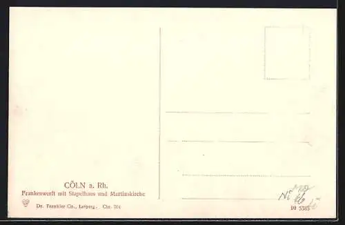 AK Köln a. Rh., Frankenwerft mit Stapelhaus, Martinskirche und Strassenbahn