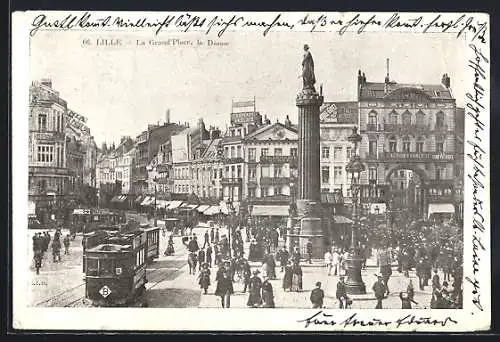 AK Lille, La Grand`Place et la Déesse, Strassenbahn