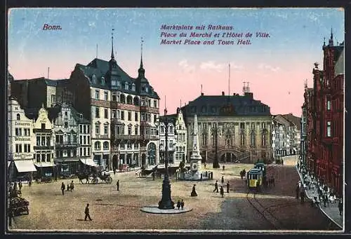 AK Bonn, Marktplatz mit Rathaus und Strassenbahn