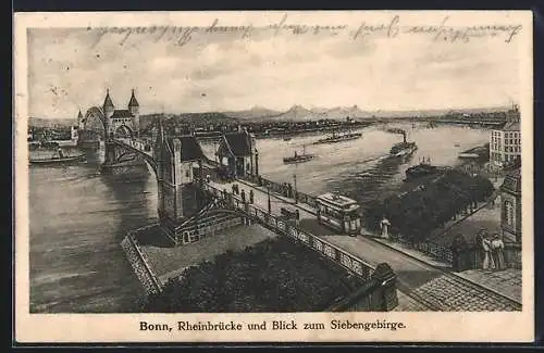 Künstler-AK Bonn, Rheinbrücke mit Strassenbahn und Blick auf das Siebengebirge