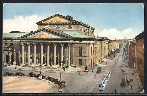 AK München, Nationaltheater mit Strassenbahn