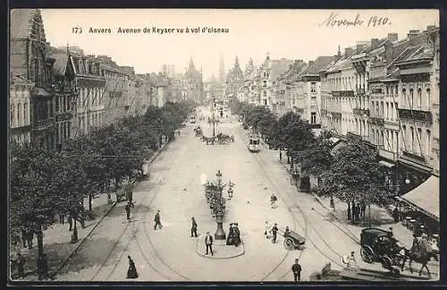 AK Anvers, Avenue de Keyser vu à vol d`oiseau, Strassenbahn