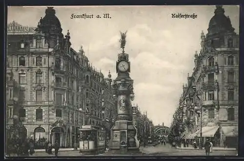 AK Frankfurt, Kaiserstrasse, Uhrtürmchen, Strassenbahn