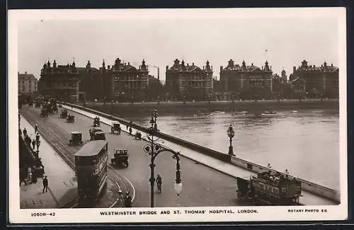 AK London, Westminster Bridge and St. Thomas` Hospital, Strassenbahn