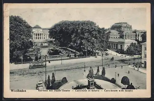 AK Wiesbaden, Kurhaus mit Staats-Theater und Strassenbahn