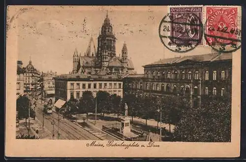 AK Mainz, Dom am Gutenbergplatz mit Strassenbahn