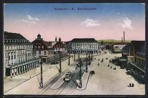 AK Karlsruhe, Bahnhofsplatz mit Strassenbahn