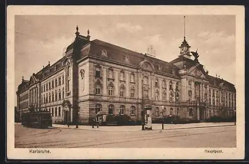 AK Karlsruhe, Hauptpost mit Strassenbahn und Litfasssäule